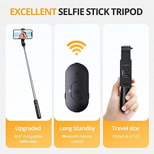 Atumtek 40,5 Selfie Stick Tripod, Extendable & Portable Bluetooth Selfie Stick со далечински управувач за iPhone 13/12/12 Pro/11/XS/XR/X/8/7