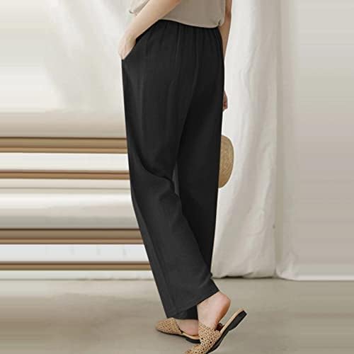 Женски постелнина панталони обични летни удобни широки нозе лабави се вклопуваат целосна должина удобна мода буги долги јога панталони