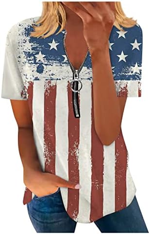 Xiaxogool Смешно печатење преголеми маици за жени за жени 4-ти јули кошули со кратки ракави со полу-зип графички тимови 2023