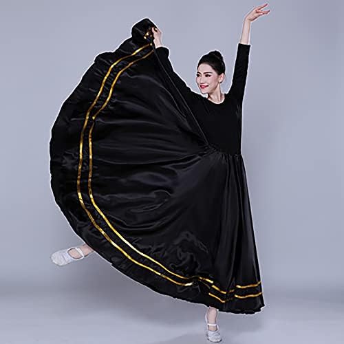 Белиот женски сатен сатен долг круг фламенко стомак танц со здолниште со два реда лента