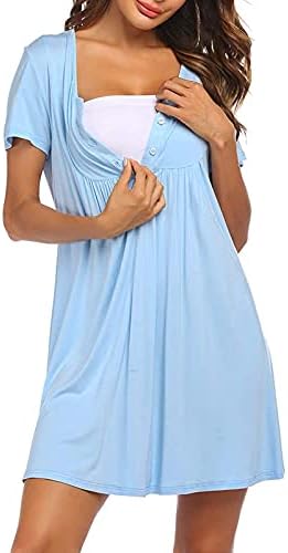 Womanена породилна фустан доилки со доилки кои се дојат v вратот цврсти копчиња краток ракав бремена фустан фустан за спиење