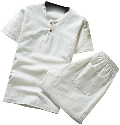 Каваи Менс 2-парчиња преголема преголема ленена кошула со цврста боја и костум за панталони за влечење