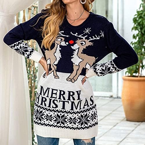 Женски џемпери трендовски долг ракав о-врат Божиќ пулвер за џемпер за џемпер
