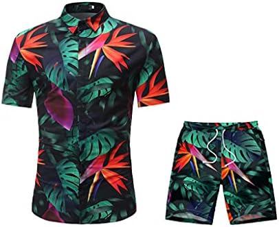 XJJZS Машка печатена мода за печатење на модата за машка кратка машка облека, кошула + шорцеви 2 парчиња облека за спортска облека