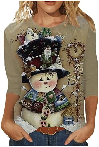 Burlyенски грди божиќни кошули за печатење каузални 3/4 ракав тркалезен врат пулвер блуза трендовски Божиќни празници врвови