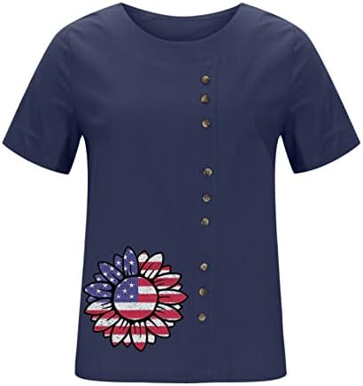 Женски памучни ленени маички во САД, со сончогледни врвови на знамето на 4 -ти јули, блузи Ден на независност, кошула симпатична