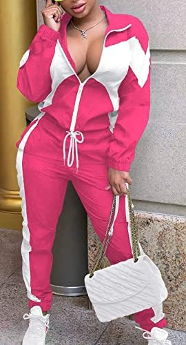 Женски крпеница во боја блок -тренерска тренерка 2 парчиња облеки обични долги ракави целосни панталони за патенти со џебови пот.