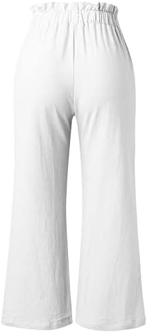 Памучни постелнини панталони за жени, широки нозе со високи половини палацо капри лето трендовски хартија за хартија со џебови со џебови