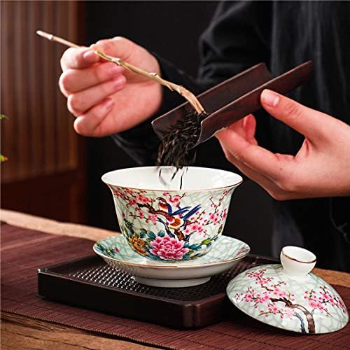 Амеолела Кинески Традиционален Чај Рачно Изработен Емајл Насликан Порцелански Чај Чаша Гаиван Кунгфу чај сад Со Капак и Чинија - 5оз/150мл