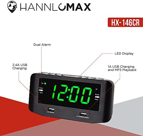 Hannlomax HX-146CR Alarm Clock Clock Radio, PLL FM радио, двоен аларм, 1,2 зелен LED дисплеј, Bluetooth, 1 USB порта за полнење од
