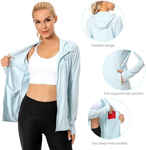 Leatsенски женски upf 50+ целосна патент -качулка јакна со долги ракави со качулка со џебови со џебови