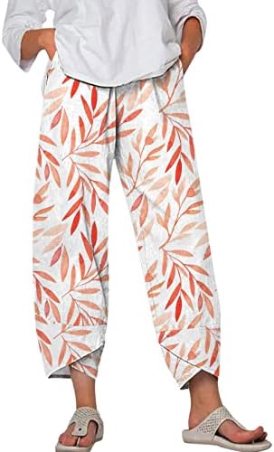 Zdferенска женска печатена плажа исечени товарни џемпери со џебни обични капри панталони памучни постелнини еластични панталони