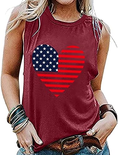 Резервоар за кошули на 4 јули врвови жени без ракави маички со маички на врвови во САД, ленти со знаме на знамето, патетиотски тунични маици Атлетски обични летни ле?