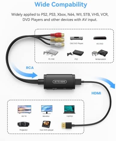 ABLEWE RCA До HDMI Конвертор, Композитен На Hdmi Адаптер Поддршка 1080p PAL/NTSC Компатибилен СО PS one, PS2, PS3, STB, Xbox, VHS, VCR, Blue-Ray