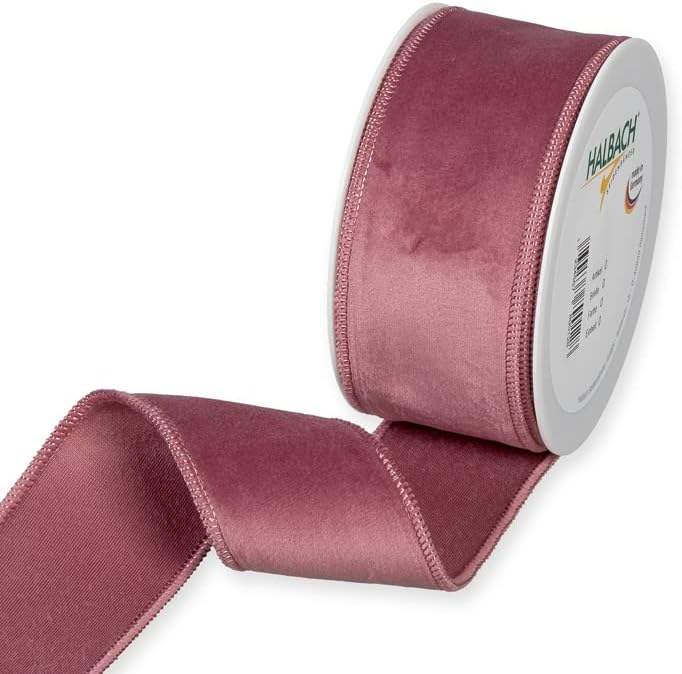 Florsteriouse Dusky Pink Божиќна кадифена ткаенина лента ширина 2 инчи на 9 јарди ролна. Жичен раб