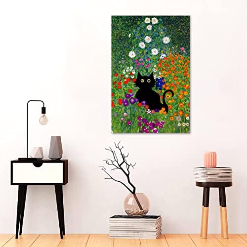 Земја градина со цветно платно печатење на Густав Климт црна мачка масло слики Репродукција wallидна уметност за украси за домашни