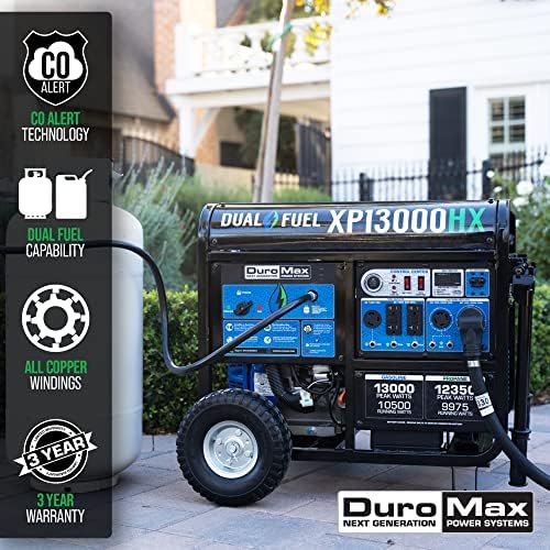 Duromax XP13000HX Двојно гориво Преносен генератор-13000 вати гас или електричен почеток на електричен почеток на пропан w/ко-сигнализација, 50 државни одобрени, сини