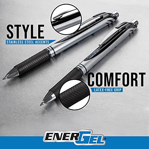 Pentel Energel RTX повлечен течен гел пенкало, 0,5 мм, фино линија, врв на игла, црно мастило, 5 пенкала и 10 поставени вредности за полнење