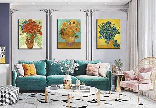 Окекскк 3 парчиња сончогледи- Ирис цвет вазна Винсент ван Гог уметност репродукција, гејл платно отпечатоци wallидна уметност за домашен