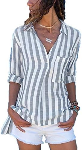 Andongnywell женски шарени печатени обични лапчиња со долги ракави кошули кошула кошула врвови џебови кошула блуза
