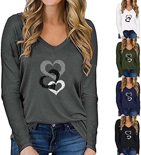 Плус големина врвови со долг ракав за жени слатки срцеви графички маички блуза случајно лабава вклопена секси секси V-врат пуловер Туника на врвови