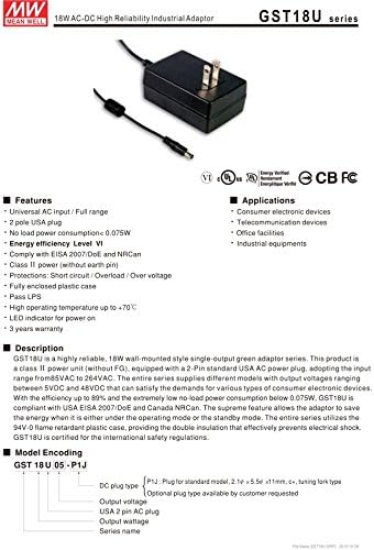 Индустриски адаптер 18W 24V 0,75A GST18U24-P1J Meanwell AC-DC SMPS GST18U серија Средно напојување со добро префрлување