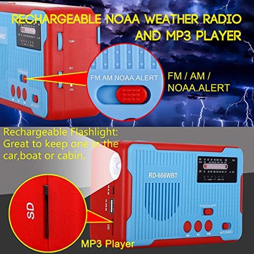 Итни радио рачни рачни рачни соларни соларни AM/FM NOAA Времето предупредување радио со LED фенерче, MP3 плеер и голема банка за напојување 2300mAh