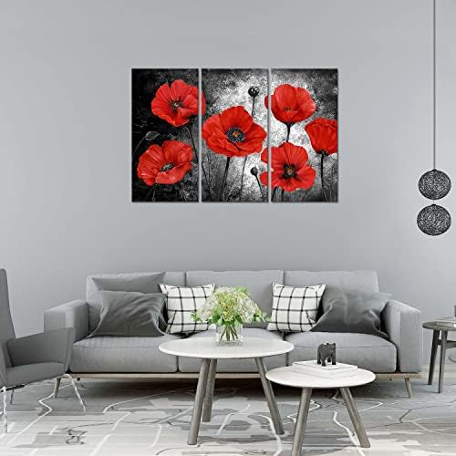 Црвен афион цветна wallидна уметност, 3 парчиња цветни на темно сивата позадина платно печати природна глетка wallидна уметност за дневна соба спална соба wallидна слика
