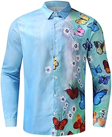 Xxbr памучни ленени кошули за мажи, падот на копчето надолу со долги ракави пеперутки птици печати обична хавајска кошула плажа врвови цврста