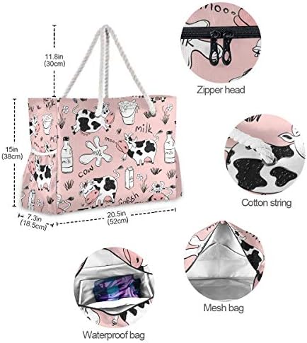 Алаза смешна крава печатење и млеко розова голема торба за плажа за жени торбички торбички за намирници на намирници со џеб