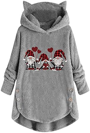 Божиќни жени симпатична џемпер за печатење на гном, плус големина мека руно ќебе палто со уши за мачки