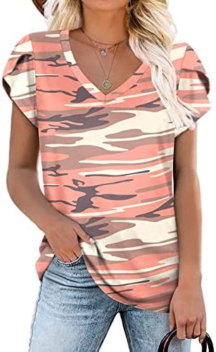 Памук со кратки ракави V вратот, лабава вклопена опуштена маичка за блуза за жени за жени лето есен графичка блуза Qs Qs
