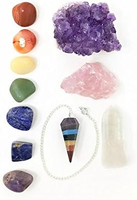 11 парчиња лековити кристали и камења чакра сет/виолетова кластер на аметист, роза кварц и чист кварцен скапоцен камен, 7 паднати