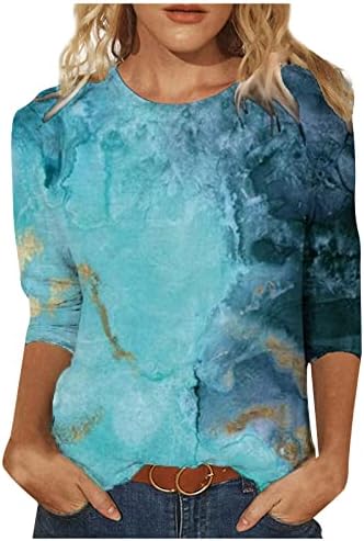 Модни врвови за жени трендовски маички за печатење, тркалезни вратот 3/4 ракави кошули 2023 летни обични блузи