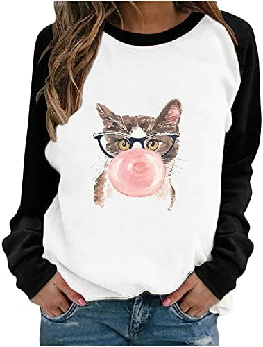 Oplxuo џемпери за loversубители на животни жени симпатична лак крава печатена пулвер случајна боја блок со долги ракави на екипаж