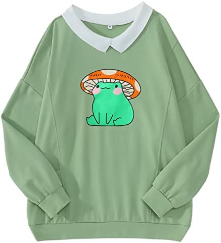 Izyjoy Women Frog Frog Graphrow Graphic Sweatshirt Долг ракав лабава естетска маичка пулвер тинејџерски девојки лесна кошула врвот