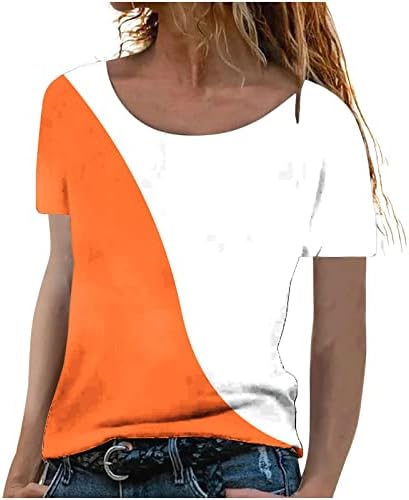 Обични врвови за жени мода комтраст боја печатена маица лето кратки ракави со тркалезен врат маица лабава фустани блузи