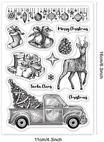 Глобленд Божиќен камион чиста марка за печат, транспарентен силиконски печат Божиќно подарок елен гумен печат за сноп -списание, правење картичка 4,3 x 6,3 инчи