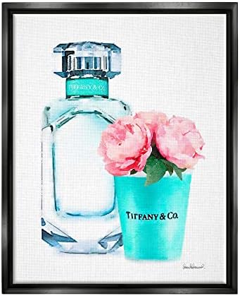 Sumn Industries Teal Blue Perfume шише и розови Peonies, Design by Amanda Greenwood, Black Floater Rramed, 16 x 20