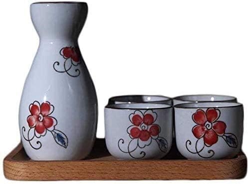 Јапонски стил 5-парчиња сет, чаши за вино поставени со послужавник, уникатен дизајн на сликарство под Glaze, за ладно/топло/топло/Shochu/чај