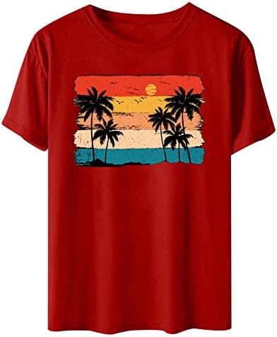 Зајдисонце кокосови дрвја маички жени кампувајќи маица Сонце печатење графички мета обичен краток ракав врв
