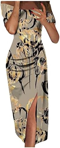Пролет &засилувач; Летен Фустан За Жени 2023 Контраст Боја Печатење Заврши Сплит Ракави Надвор Од Рамо Фустани