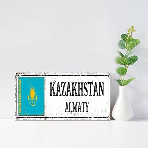Madcolitote Rustic Kazakhstan_almaty дрво знаци Kazakhstan_almaty Flag Street Signs Прилагодено гроздобер земја патриотска декор дрвена плоча земја