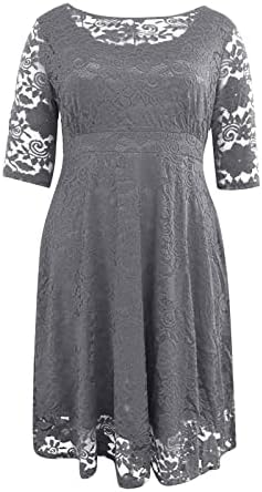 Fragarn летен макси фустан, женски темперамент со три четвртина ракав чипка чиста чиста цврста боја О-вратот плус фустан со големина
