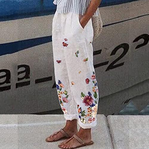 Женски обични постелнини панталони гроздобер цветни печатени спортски панталони со плажа еластична половината широка панталони за пижами