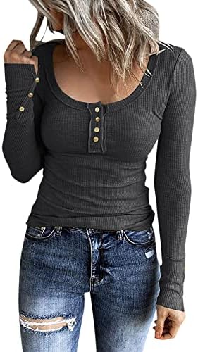Женски долги ракави западни кошули 1/4 копче надолу по квадратниот врат Ретро Хенли врвови тенок тесен ребрести плетени блузи