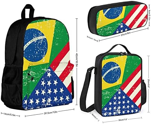 Американско И Бразилско Знаме Ранец Торба За Рамо Кутија За Ручек И Кутија За Моливи 3 Парче Комплет За Момчиња Жени Девојчиња Мажи Училишно