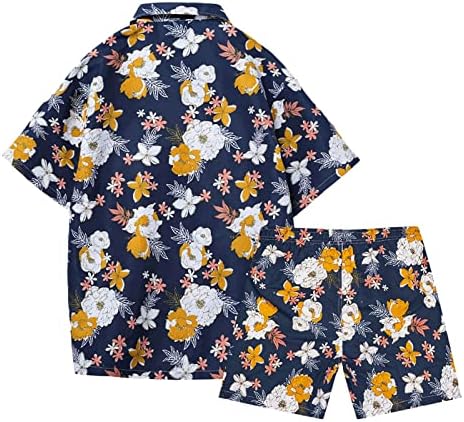 Хавајски кошула и шорцеви Менс 2 парчиња тропски облеки за одмор, обични костуми за плажа со кратки ракави за копче надолу