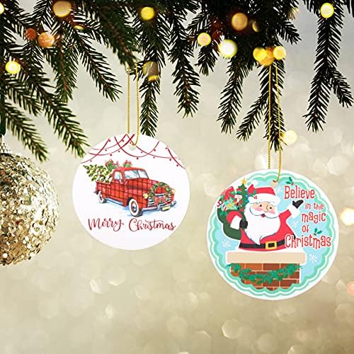 2022 Божиќни украси, двострана печатена керамичка тркалезна елка што висат украси сет од 6, Божиќни украси дискови за снабдување ознаки за декор за новогодишна елка DI