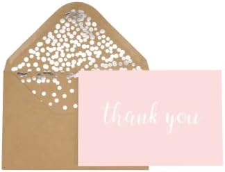 Ви благодариме Картички-Празно 50 Пакет Розова Мат Финиш Картички Со Сребрена Фолија Ви Благодариме Печатени со 52 Конфети Дизајн Крафт